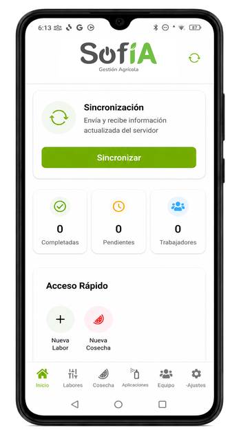 Pantalla de inicio de la app móvil Sofía con sincronización y accesos rápidos.